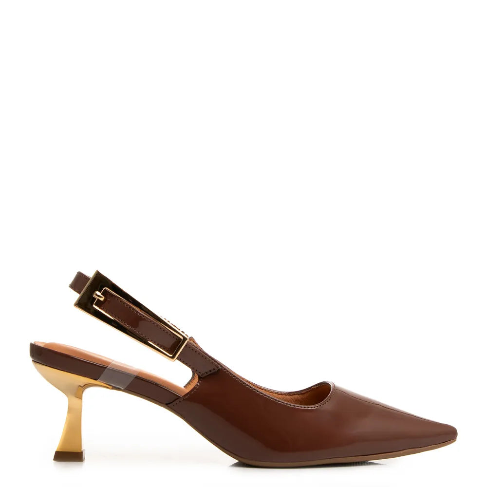 Brown Patent Leather Slingback Pumps with Medium Chrome Heel