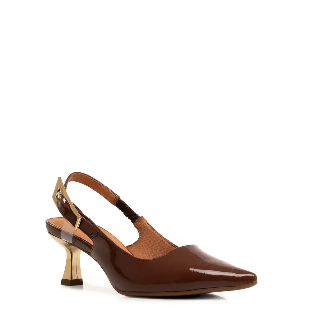 Brown Patent Leather Slingback Pumps with Medium Chrome Heel
