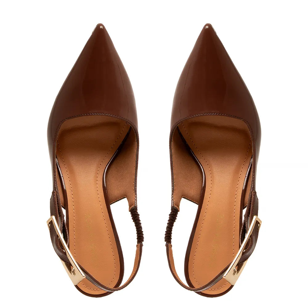 Brown Patent Leather Slingback Pumps with Medium Chrome Heel