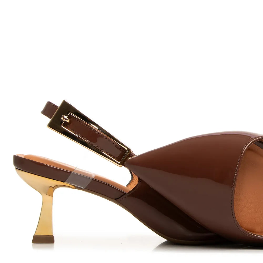 Brown Patent Leather Slingback Pumps with Medium Chrome Heel
