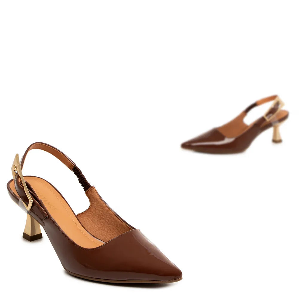 Brown Patent Leather Slingback Pumps with Medium Chrome Heel