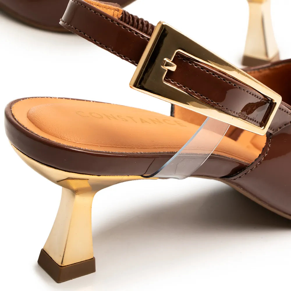 Brown Patent Leather Slingback Pumps with Medium Chrome Heel