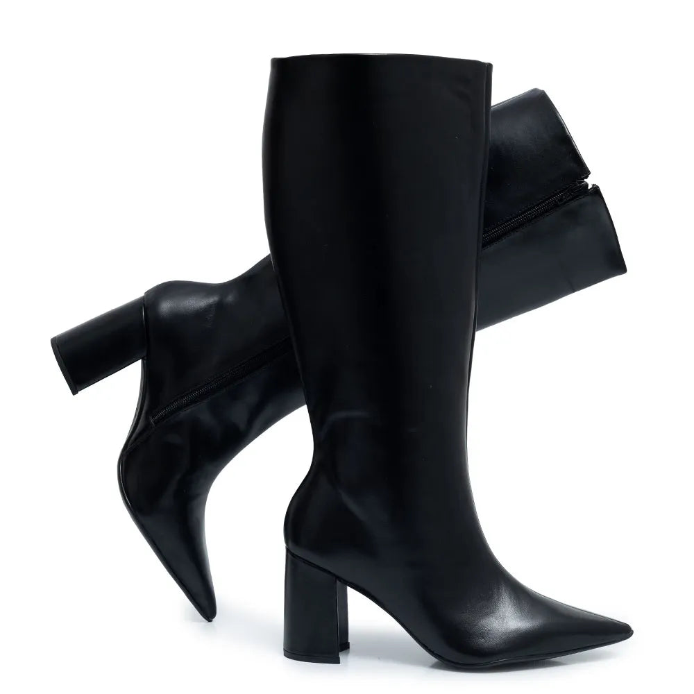 Black Block Heel Knee-High Boot