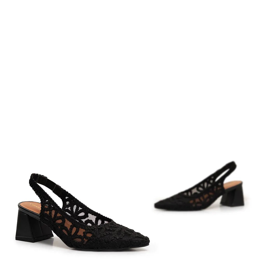 Black Slingback Woven Flower Pumps
