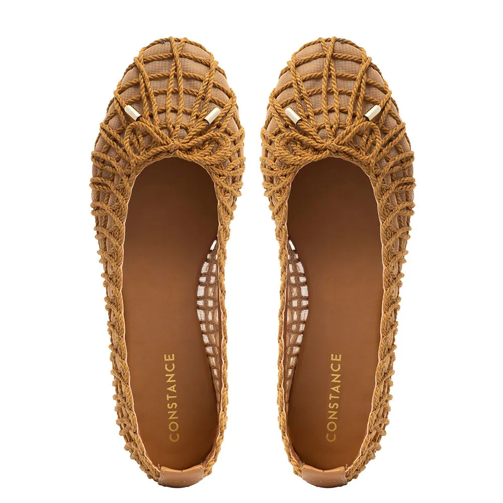 Beige Woven Mesh Bow Flat
