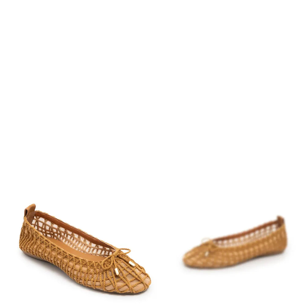 Beige Woven Mesh Bow Flat