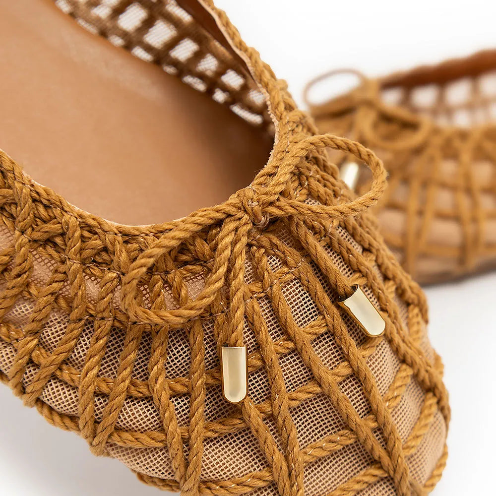 Beige Woven Mesh Bow Flat