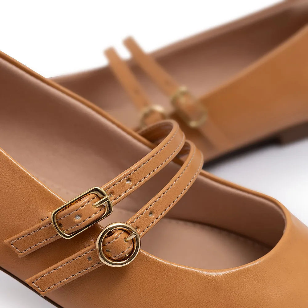 Beige Mary Jane Flats with Buckles