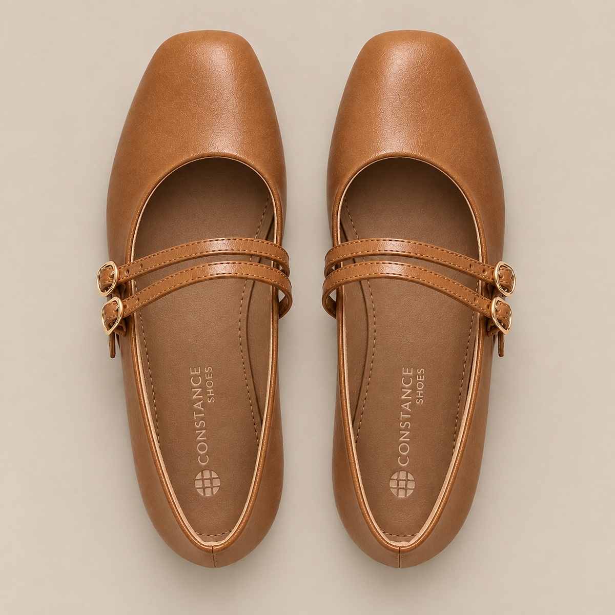 Beige Mary Jane Flats with Buckles