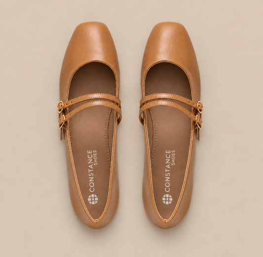 Beige Mary Jane Flats with Buckles